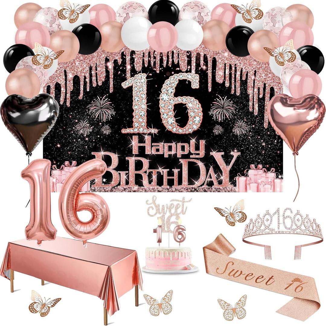 Sweet 16 Party Decorations, 49pcs Black Rose Gold Black Banner, Tablecloth, Butterfly Decor, Sweet 16 Sash and Tiara, Cake Topper, Candles, Balloons Arch
