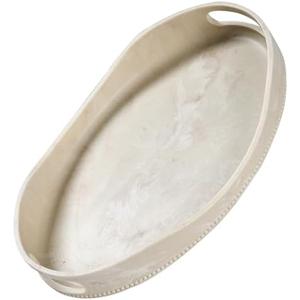 Beige Travertine Marble Serving Tray with Handles - 14x10 inches, Beaded Oval Decorative Tray, Countertop Ottoman Tray for Vanity, Living Room Entryway Table, Perfume Candle Display