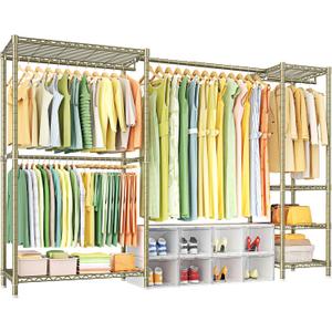 Ulif E10 Clothes RackWith Stretchable Hanger RodFreestanding Clothing Racks for Hanging ClothesAdjustable Closet Organizer SystemPortable Garment Rack 73-97"W x 15" D x 72" HMax Load 800LBSGold