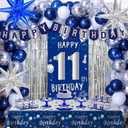 11th Birthday Decorations for Boys Girls, Blue Silver Happy 11th Birthday Boy Decoration, 11 Year Old Party Banner Balloons Decorations Tablecloth Foil Backdrop Star Balloons 11th Bady Decor for Kids