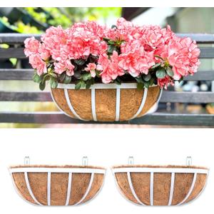LaLaGreen Deck Railing Planters (2 Pack, 16 Inch) White Metal Rectangular Window Flower Box with Coco Liner, Wall Hanging Planter for Outdoor Plants Deck Rail Fence Balcony Patio Porch Garden Decor