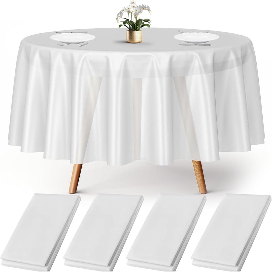 Prestee Plastic Round Tablecloths 84 Inches, 24 Pack White Disposable Table Cloths for Parties, Waterproof and Stain-Resistant Round Table Covers for Weddings, Holidays, Events, and Fine Dining