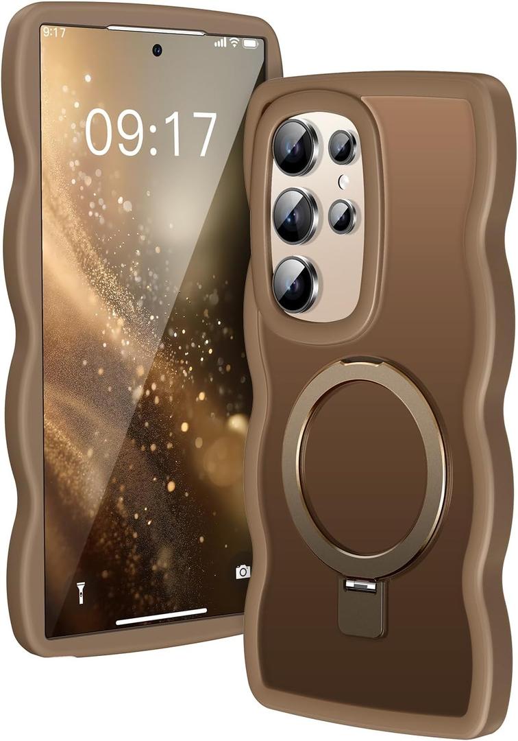 [Magnetic Stand & Cute Wave Frame]Case for Samsung Galaxy S24 Ultra [Fit for MagSafe]MIL-Grade Drop Protection Non Yellowing Matte Translucent Back Phone Case Cover for Galaxy S24 Ultra, Desert Gold