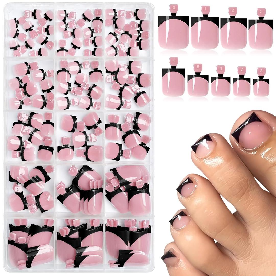 AddFavor Toe Nail Press ons - 150pcs Press on Toenails for Women, French Tip Toe Press on Nails Fake Toe Nail Tips Square Fake Toenails in 15 Sizes Full Cover Acrylic Toenail with Adhesive Tabs (Black French toenails C - Berry Pink Base)