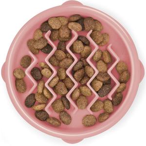 Outward Hound FunFeederSloBowl  Small 3/4-Cup Capacity, Slow Feeding, Small Dogs, Puppies & Cats, Non-Slip, Pink, Wave Pattern