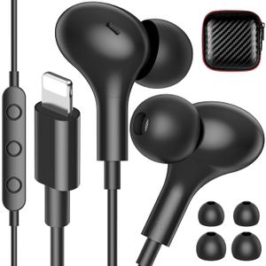 iMangoo for Apple MFi-Certified Headphones for Lightning Wired Earbuds Magnetic Ear Buds with HiFi Bass,3 Ear Tips Mic Corded Earphones for Gym, Commuting for iPhone 14 Plus 13 12 11 Pro Max Black