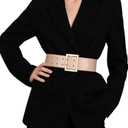 JASGOOD Women Wide Elastic Waist Belt for Dresses Fashion Gold Square Buckle Stretchy Leather Waistband for Ladies (Suit for size 32"-38", Beige)