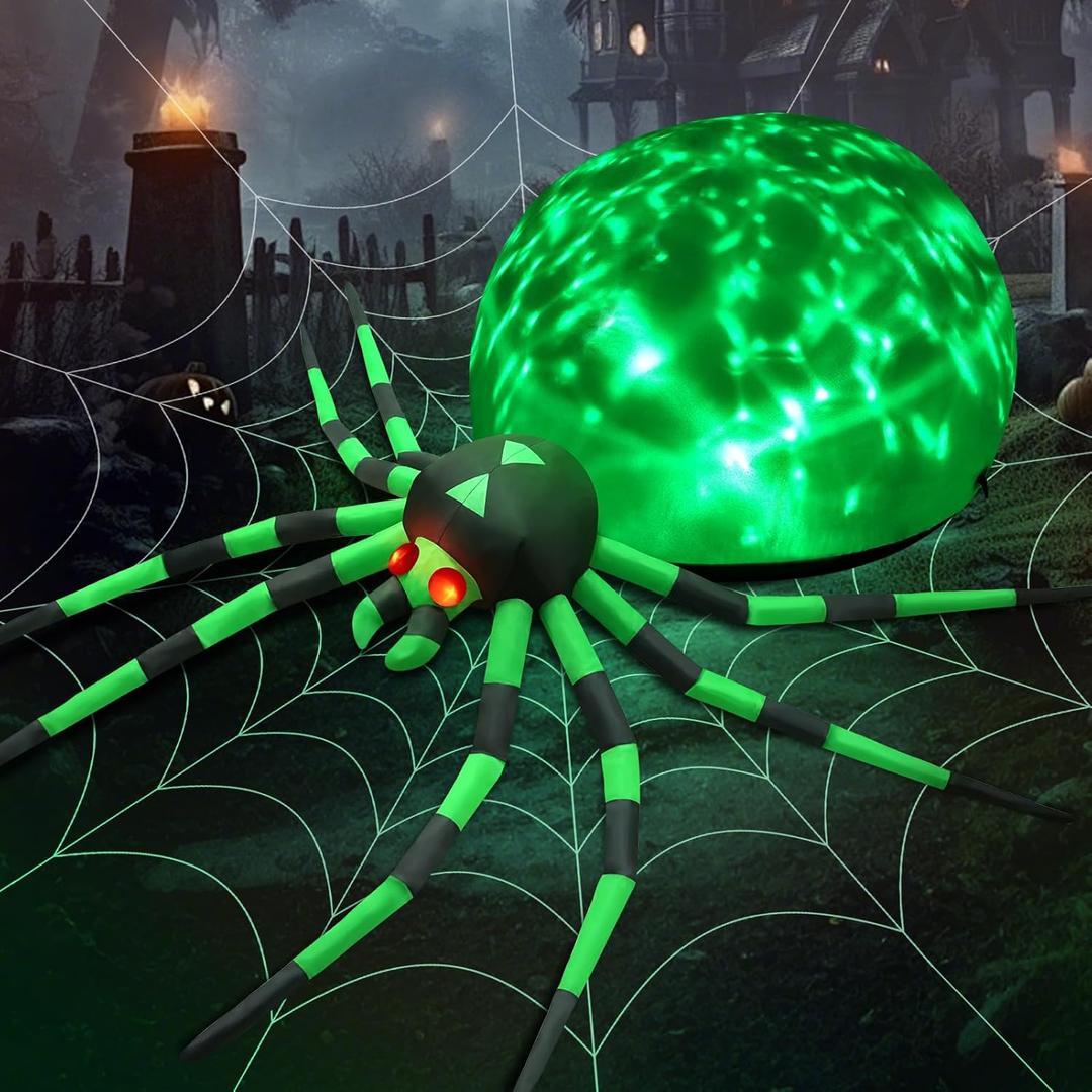 8FT Halloween Inflatables Spider Outdoor Decorations for Yard, Large Creepy Spider Props for Halloween Party Garden Lawn Patio Outside House Window Decor (Green)