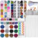 FANDAMEI Nail Art Brushes Kit, Nail Design Tools Set with Dotting Tools, Fine Nail Glitter Butterfly, Glitter Sequins, Foil Flakes, Nail Rhinestones, Dust Brush (C-White)