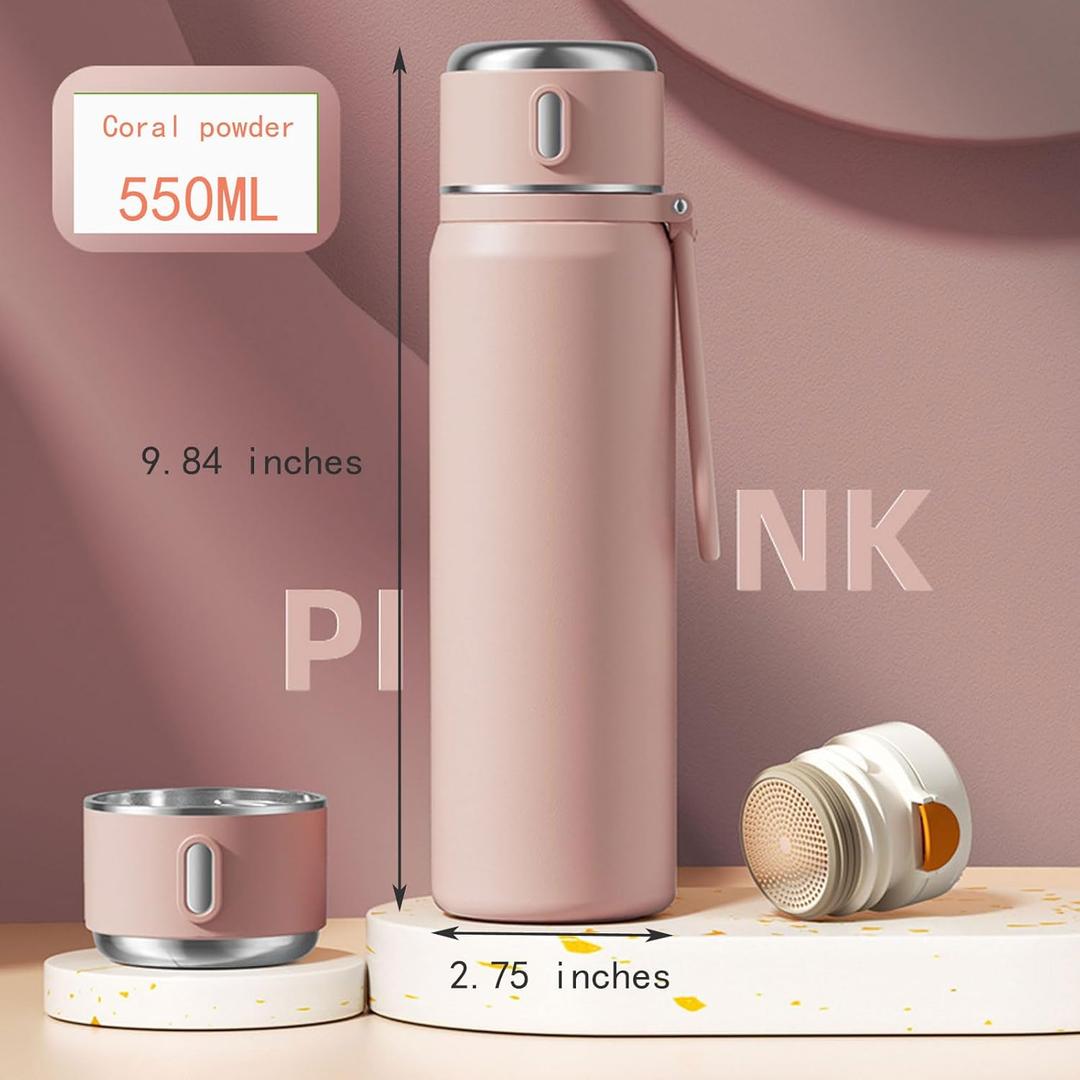 Vacuum Flask Thermo for Hot Drinks with Cup Stainless Steel Coffee Thermo with Handle Thermal Water Bottle Travel Mug with Locking Lid Insulated Tumbler for Tea 18.6 Oz/550ML(pink)