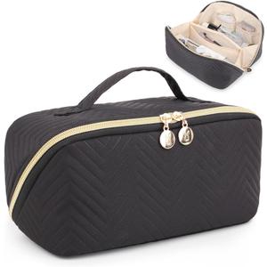 Makeup Bag Cosmetic Bag, Large Capacity Travel Makeup Bag for Women with Portable Pouch Open Flat Water-resistant Toiletry Organizer Bag with Handle Divider, Black