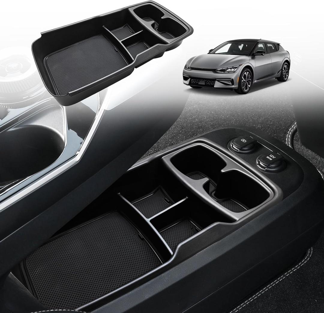 BestEvMod Lower Center Console Organizer Tray Compatible with Kia EV6 2022-2024 2025 Interior Accessories Storage Box ABS Material with PVC Trim Accessories (Lower Organizer-V2)