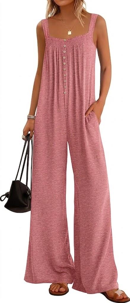 KIRUNDO Summer One Piece Jumpsuits For Women 2025 Casual Loose Button Sleeveless Romper Knit Wide Leg Overalls With Pockets, Size XL