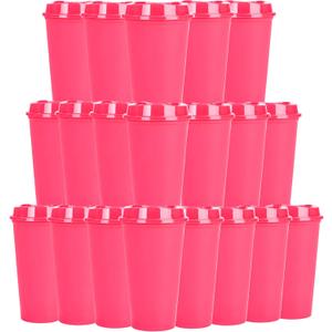 20 Pack Reusable Coffee Cups with Lids 16 oz Plastic Tumblers Travel Mug Iced Coffee Cup for Adults and Kid Women Hot and Cold Drinks, Microwaveable (Rose) (Red)