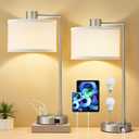 Luvkczc Table Lamps for Living Room with USB C+A Ports - Fully Stepless Dimmable Bedsides Lamp with Linen Lampshade, Lamps for Night Stands Bedroom Reading Office, 2 LED Bulbs Included (Silver)