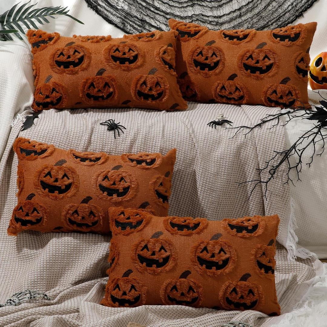 2 x Tranqun 4 Pcs Halloween Pillow Covers Fall Pumpkin Ghost Throw Covers 3D Embroidered Faux Fur Cushion Cases for Halloween Thanksgiving Autumn Home Sofa Bed Room Decor(12 x 20'',Rust)