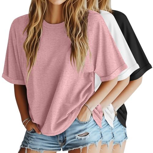 Riyiper 3 Pack Women's Oversized T-Shirt Half Sleeve Summer Tees Casual Loose Fit Crew Neck Basic Tops(Black, White, Pink,Large)