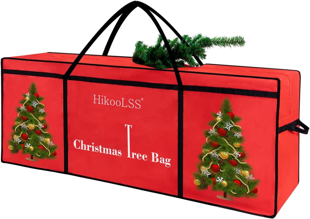 HikooLSS Christmas Tree Storage Bag 12 Ft Tall Tree Container/Holder Heavy Duty Oxford Dual Mesh Pockets,Moistureproof,Extra Large Christmas Tree Box for Big Xmas Tree Wide Opening Red(65X23X27in), Fit 10-12 Feet