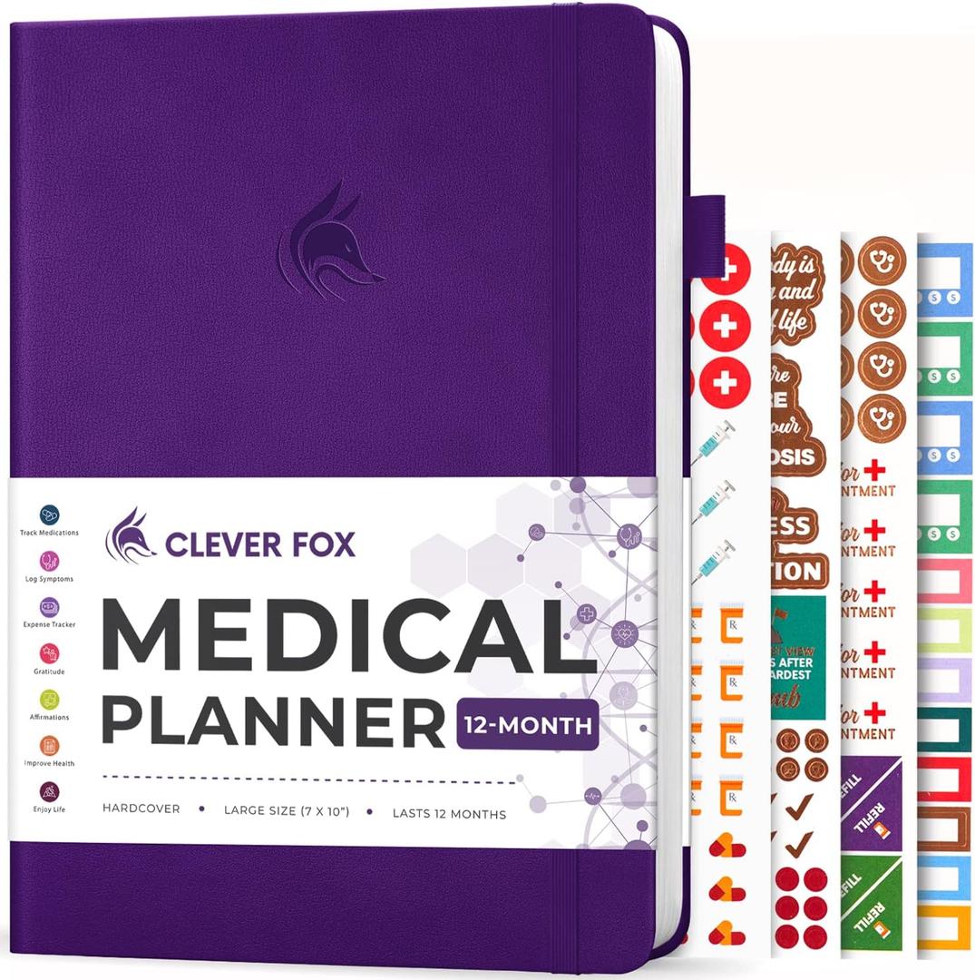Clever Fox Large Medical Planner 12-Month  Medical Notebook, Health Diary, Wellness Journal to Track Health  12 Months, 7x10.5 (Purple)