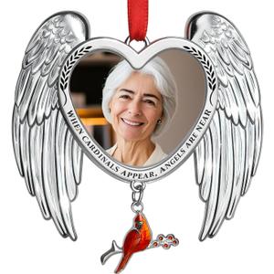 Memorial Christmas Photo Ornaments 2025 Angel Wings Sympathy Gifts for Loss of Loved One - Personalized Cardinal Picture Frame Ornament for Christmas in Heaven Tree Decor