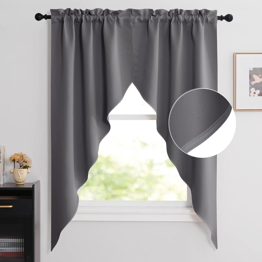 NICETOWN Blackout Window Treatment Pole Pocket Kitchen Tier Curtains- Tailored Scalloped Valance/Swags for Living Room (One Pair, 36 Wide by 63-inches Long Each Panel, Grey)