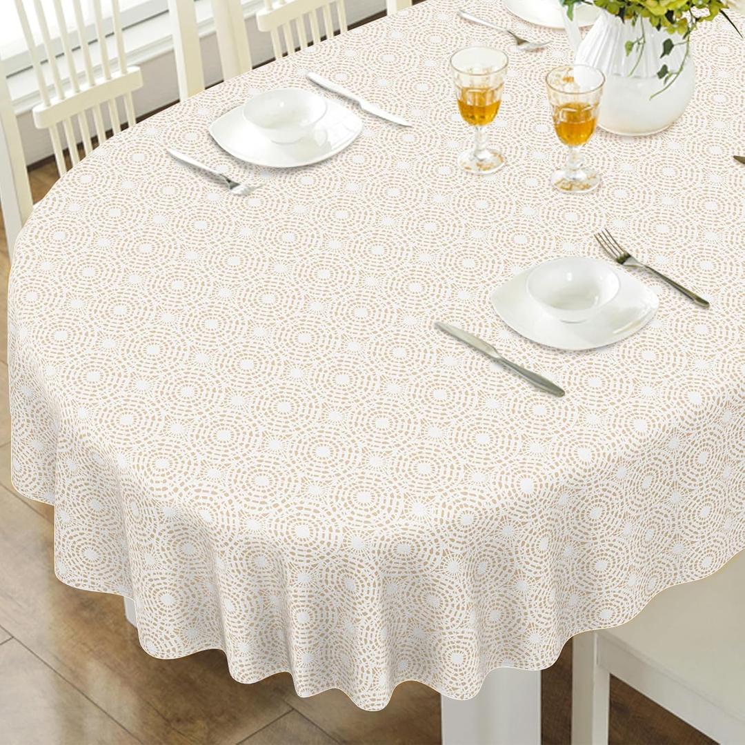 Oval Tablecloth, French Country Printed Oval Table Cloth-54x72 Inch, Fabric Washable and Waterproof Oval Table Cover for Farmhouse Kithchen Dining Decoration (White-circle)