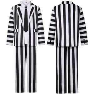 Scary Halloween Costumes for Men Black and White Striped Suit Adult 80s Horror Movie Character Cosplay Outfit (Large)