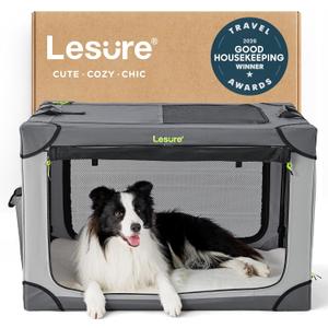 Lesure Shown on TODAY Show Soft Collapsible Dog Crate - 36 Inch Portable Travel Crate for Large Dogs Indoor & Outdoor, 4-Door Foldable Pet Kennel with Mesh Windows, Grey