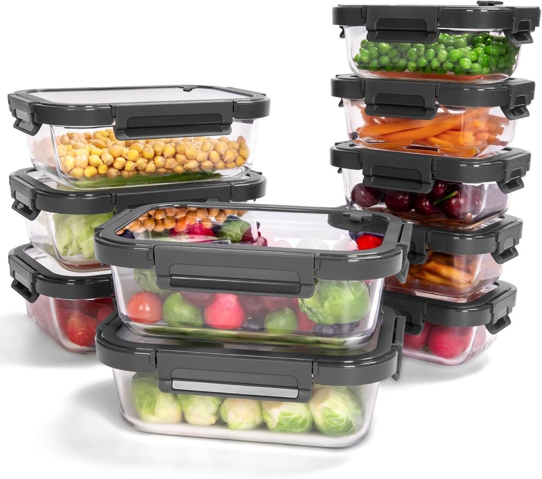10-Pack Glass Food Storage Containers with Tempered Lids Borosilicate, Airtight, Oven-Safe (-4F~950F), BPA-Free, 4.4 & 1.6 Cup, Leak-Proof, Dishwasher Safe (Gray)