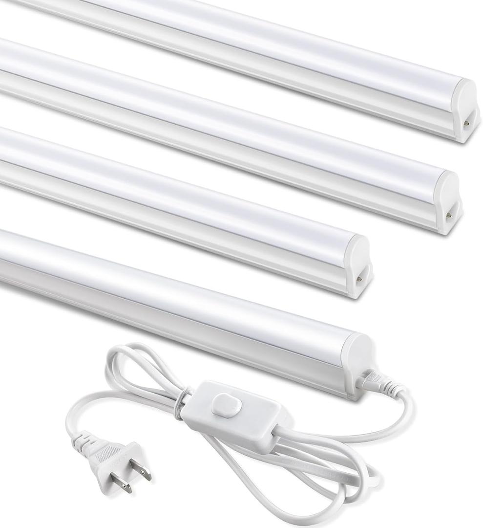 (4 Pack) 4FT T5 LED Shop Light,6500K,20W,2300LM(Super Bright White) Linkable LED Integrated Fixture,Garage Ceiling and Cabinet Light,Strip Light,Corded Electric with ON/Off Switch