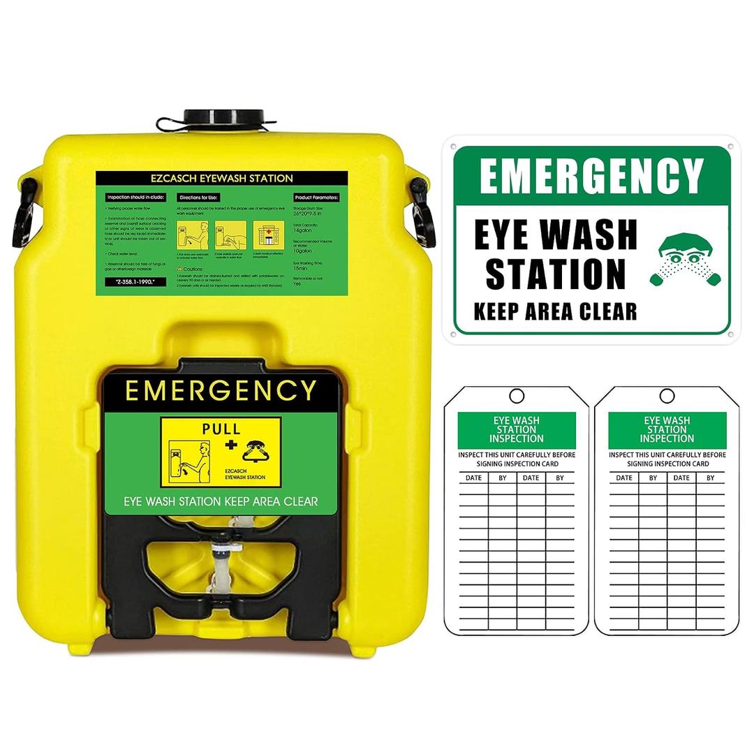 Portable Eyewash Station 14-Gallon OSHA Approved with One Station Sign and Two Inspection Tags, Wall Mounted Gravity-Flow Indoors and Out, 53L Refillable Eyewash Station Heavy Duty, Yellow