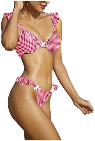 BEAUDRM Women's 2 Piece Plain Bikini Set V Neck Ruffle Trim Bow Triangle Set High Cut Bikini Swimsuit Bathing Suit Beachwear Pink A Large, Size L