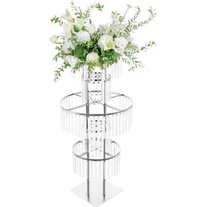 Crystal Vases for Centerpieces, Flower Stand with Hanging Crystals, 43.3" Silver Wedding Vase, 5 Tier Round Chandelier Pedestal Stand for Wedding Stage Flower Arrangement Decor (Silver, 1PC)