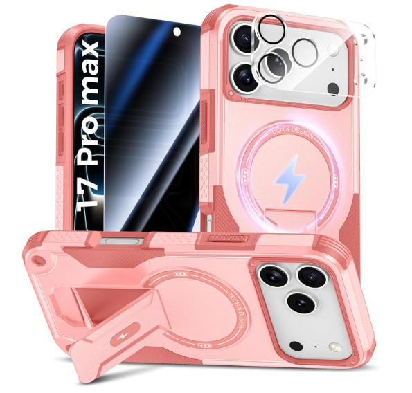 Goton for iPhone 17 Pro Max Case with Privacy Tempered Glass Screen Protector & Camera Lens Protector, Compatible with MagSafe, Invisible Kickstand, Shockproof Phone Cover, Pink 