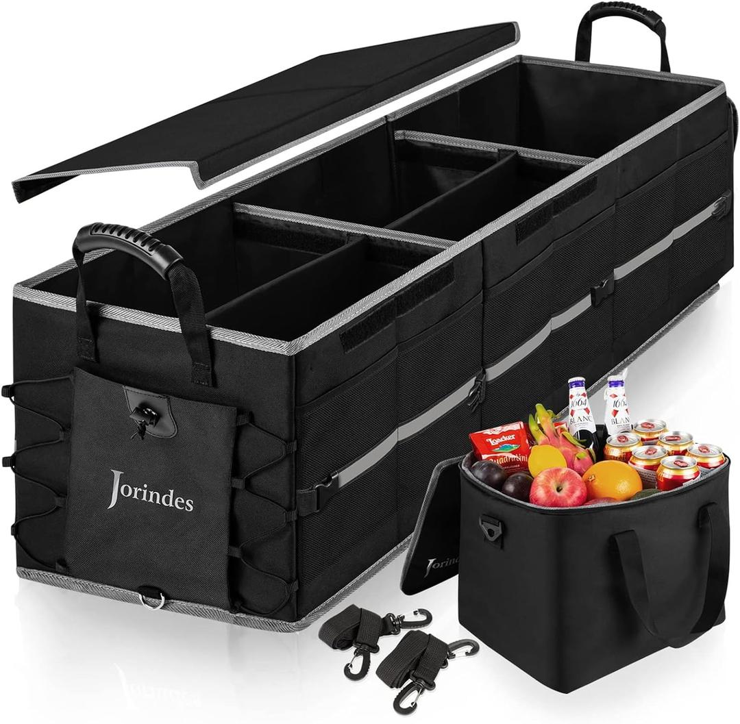 Collapsible Trunk Organizer for Car with Insulated Leak-proof Cooler Bag, 3 Compartments SUV Cargo Organizer Removable Dividers, 5 in1 Car Storage Organizer with Foldable Lid,2 Tie-Down Straps(Black)