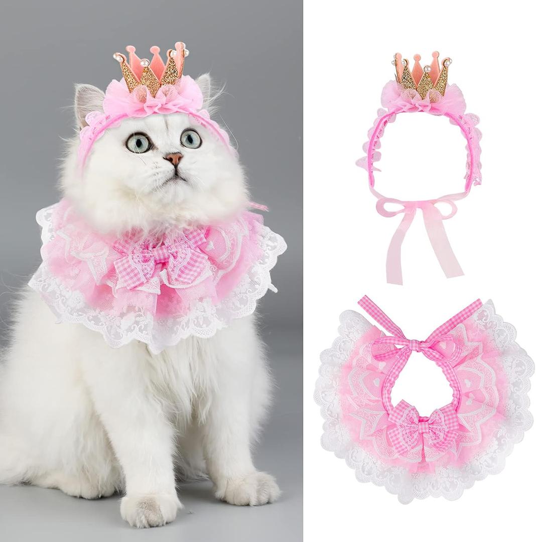 Legendog Cat Bandana, Princess Costume, Cute Lace Dog Bandanas and Crown Accessories for Small Dogs, Pink Outfit for Birthday Party (B-Pink)