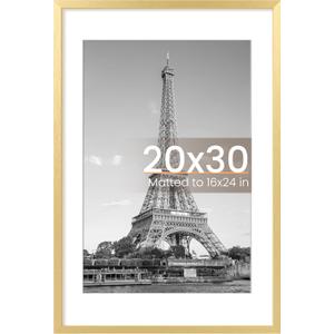 upsimples 20x30 Poster Frame, Display Pictures 16x24 with Mat or 20x30 Without Mat, Wall Hanging Picture Frame, Gold, 1 Pack