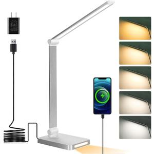 Dott Arts LED Desk Lamp with USB Ports,Touch Desk Lamps for Home Office with 5 Color Modes,3 Brightness Desk Light with Small Night Light,Reading Lamp Table LED Lamp for Bedroom Bedsid Study Sliver
