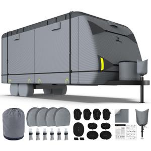 RVMasking Travel Trailer RV Cover 15-18ft, 7 Layers Extra-Thick Camper Cover Waterproof Windproof for Toy Hauler with 4 Tire Covers & Tongue Jack Cover & Propane Tank Cover, Dark Gray