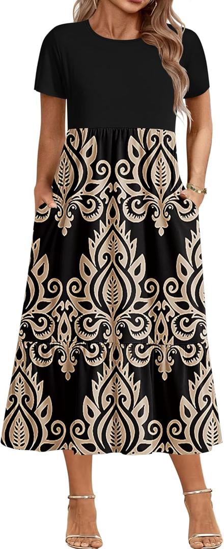 IN'VOLAND Women Plus Size Short Sleeve Dress Loose Plain Casual Summer Flowy Tiered Long Maxi Dresses with Pockets (Mz491), 16 Plus