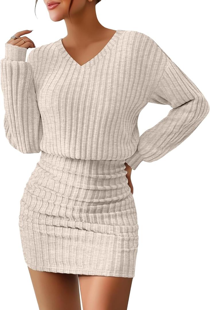 Women's Pullover Sweater Dress Long Lantern Sleeve Ribbed Knit V Neck Ruched Bodycon Mini Dress 2025 Fashion (Cream)