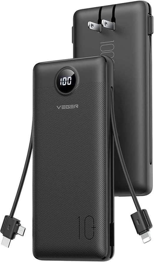 VEGER Portable Charger, 10000mAh Power Bank with Built-in Cables & AC Wall Plug, Ultra Slim Battery Pack 5 outputs 2 Inputs, USB C Powerbank Compatible with iPhone 17, Samsung, Android (Pure Black)