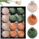 TonJin Christmas Tree Ornaments Velvet Balls 12 Pack, 3.15"/ 80mm Glitter Shatterproof Hanging Flocked Large Xmas Bulbs Decorations, Lightweight, 3 Colors Green Brown Neutral, Holiday Party Home Decor