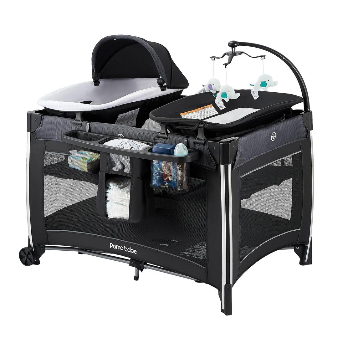 Pamo Babe 4 in 1 Baby Playards with Bassinet & Changing Table, Portable Crib Breathable Mesh and Toy Mobile (Black)