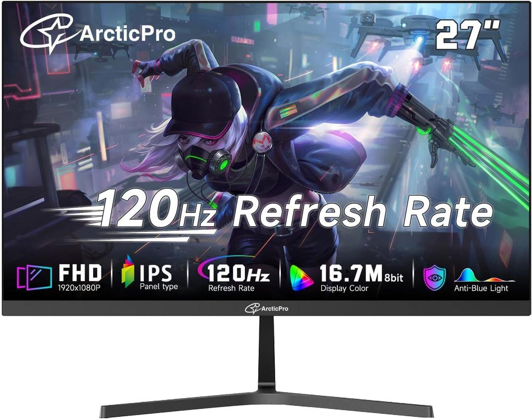 ArcticPro 27 inch Monitor 120Hz, FHD 1080p, Computer Monitor, IPS, 99% sRGB, 1ms Response Time, 3-Sided Frameless, Ultra Slim, VESA Mountable, Anti-Blue Light Design, HDMI & VGA Ports,Black