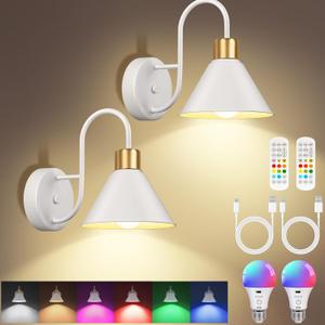 Frideko Rechargeable Battery Operated Wall Sconces Set of Two with Remote, RGB 15 Colors Dimmable White Wall Light, Indoor Battery Powered Wireless Sconce with 4 Timer for Living Room Bedroom