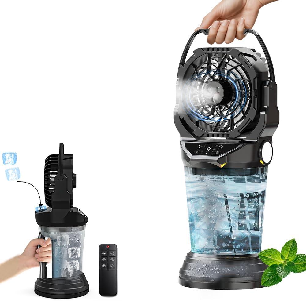 2026 New Portable Misting Fan with 30000mAh Rechargeable Battery, 120Â° Auto Oscillating Battery Powered Fan, 4 Speeds Spray Fan with LED ambient light for Camping, Patio, Outdoor, Travel (Black)