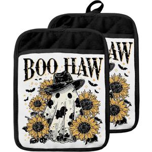 Vintage Western Halloween Pot Holders with Pockets, Rustic Sunflower Cowboy Ghost Halloween Oven Pot Holders Heat Resistant Oven Mitts Hot Pads for Kitchen Baking Cooking