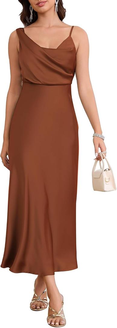 Women's Summer Satin Dress Elegant Cowl Neck Adjustable Spaghetti Strap Wedding Guest Cocktail Party Maxi Dresses (Brown, S)