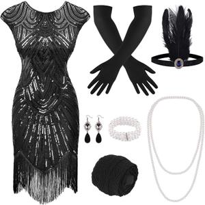 PLULON 1920s Dresses for Women, Sequin Fringed Gatsby Flapper Cocktail Dresses with 20s Accessories Set, Roaring 20s Costumes (Black, XL)